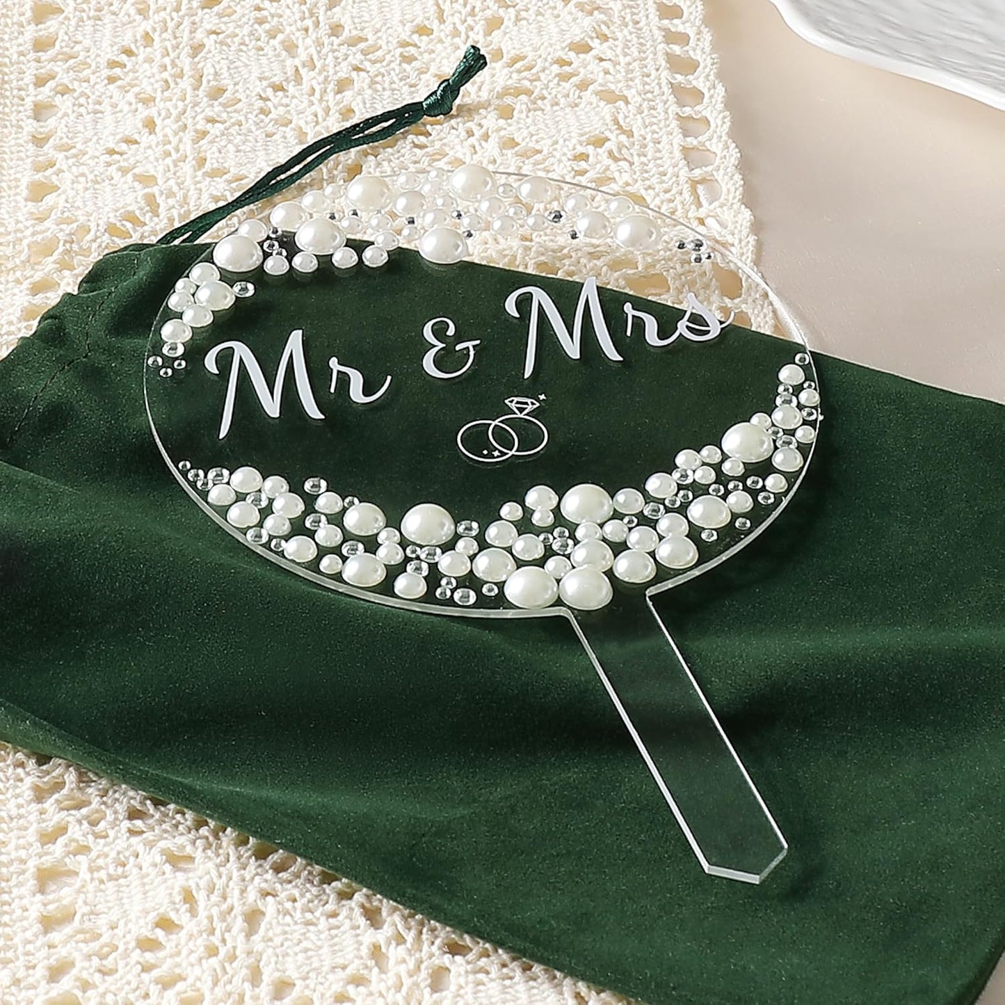 Coucoland Mr and Mrs Cake Topper - Heart Wedding Cake Decor with Rhinestones and Pearls for Engagement Bridal Anniversary