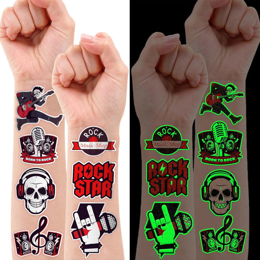 96PCS Born To Rock N Roll Rocks Luminous Glow in the Dark Pre-Cut Temporary Tattoos Themed Music Band Birthday Party Decorations Favors Supplies Decor Rockstar Guitar Stickers For Kids (Normal)
