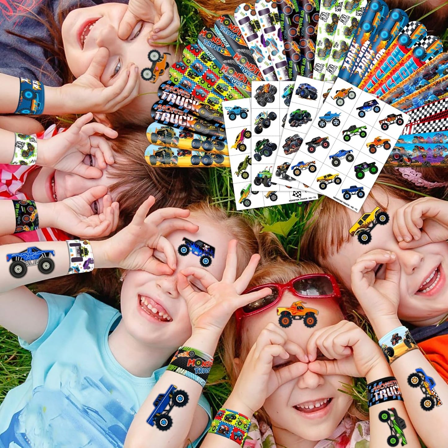 72PCS Monster Truck Party Favors | 48 Pre Cut Temporary Tattoos 24 Slap Bracelets Kids Boys Birthday Party Supplies Classroom Prizes School Rewards