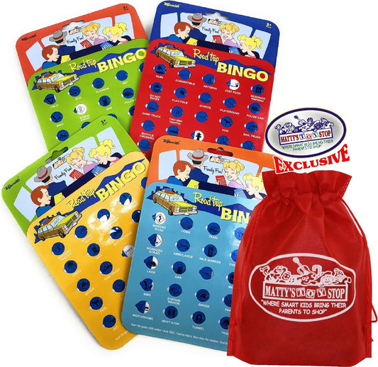Toysmith Road Trip Bingo Cards Red, Blue, Green & Orange Gift Set Travel Bundle with Bonus Matty's Toy Stop Storage Bag - 4 Pack