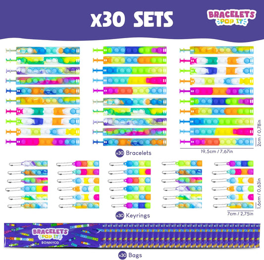 BONNYCO Pop It Bracelets and Keychains Pack 30 Kids Party Favors. Goodie Bags Stuffers for Kids, Fidget Toys Pop Its Bulk. Return Gifts for Birthday Party, Goody Bag Stuffers, Pinata, Classroom Prizes