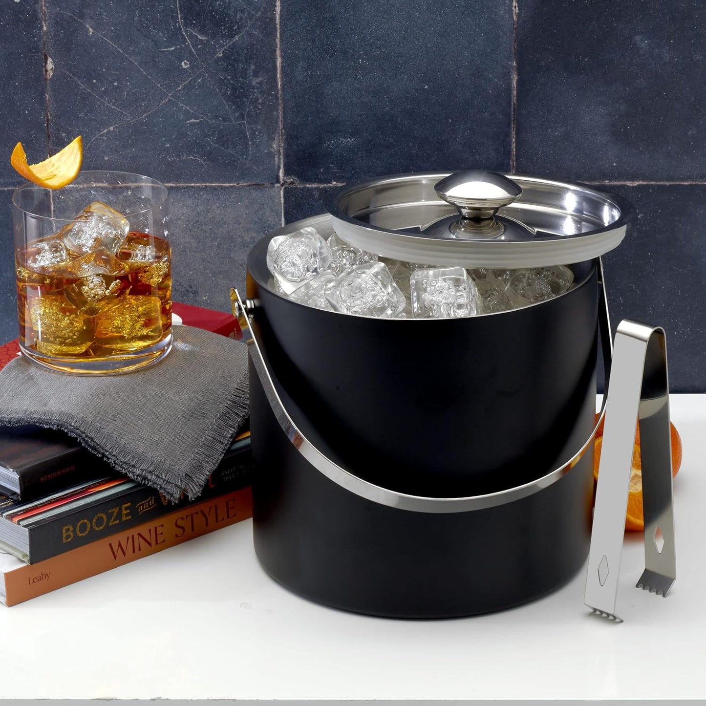 Houdini Matte Black Ice Bucket with Tongs - Double Wall Insulated, 3 Quart Stainless Steel Bar Accessory with 6.5 Inch Tongs for Home Bar, Entertaining