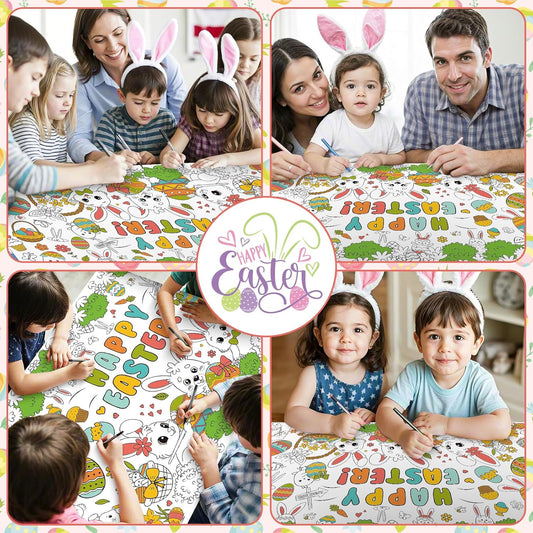 Giant Easter Coloring Poster - Large Happy Easter Coloring Tablecloth Cover, Jumbo Cute Bunny Paper Colorable Table Cloth Banner for Easters Gifts Activities Game Party Decorations Props, 31 x 72Inch