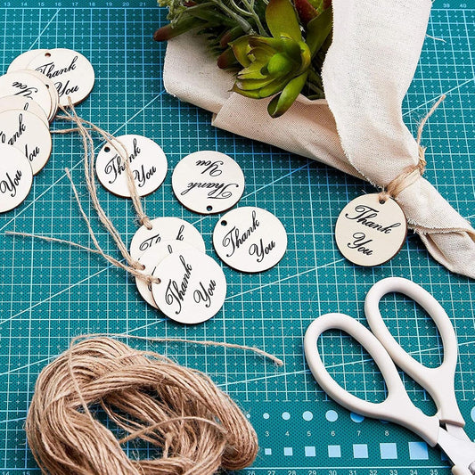 Juvale Thank You Tags - Wooden Gift Tags with Twine for Baby Shower & Bridal Shower Favors - 1.5 in Round, Brown, 100 Pack