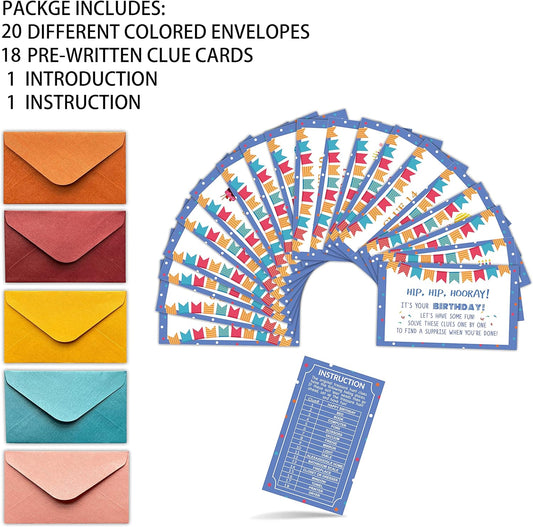 Happy Birthday Treasure Hunt Clues Game Cards, Birthday Party Scavenger Hunt Card Game(20 Cards with Colourful Envelopes), Indoor Outdoor Party Game Supply for Adults Family Teacher (A06)