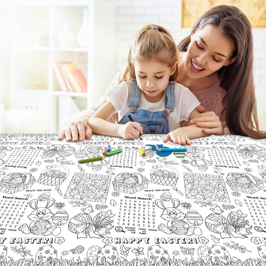 1 Pack Happy Easter Coloring Tablecloth for Kids - Giant Easter Color-in Paper Poster, Rectangle Easter Bunny Activity Coloring Table Cloth for Spring Easters Party Decorations Favors, 54 x 108 Inch