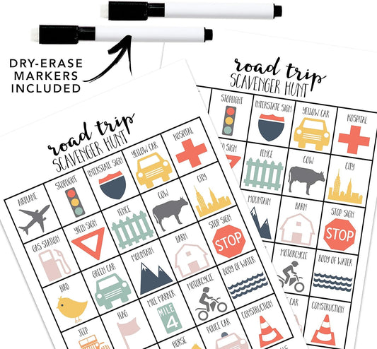 Road Trip Scavenger Hunt Games for Kids, Outdoor or Indoor, Birthday Party, Travel Activities, 10 Dry Erase Markers and Cards, Educational Family Game Night