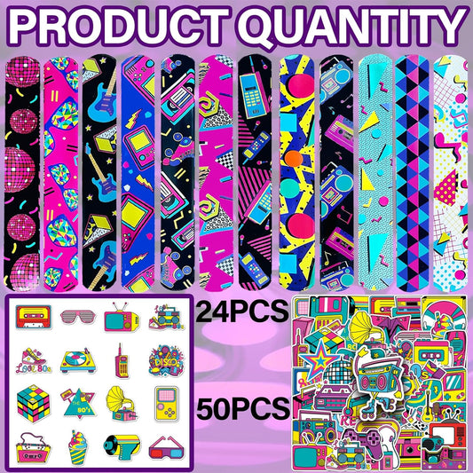 CZWXOXO 74Pcs 80s Theme Party Favors Contain 24 Pcs 80s Theme Slap Bracelets 50Pcs 80s Theme Stickers, Retro Birthday Party Decorations,Classroom Rewards Supplies.