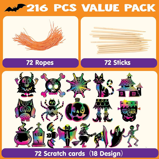JOYIN 72 Pcs Halloween Rainbow Scratch Art Crafts for Kid, Halloween Party Favors, Scratch Off Paper with 18 Designs for Party Supplies, Classroom Activities Game Goodies Gifts