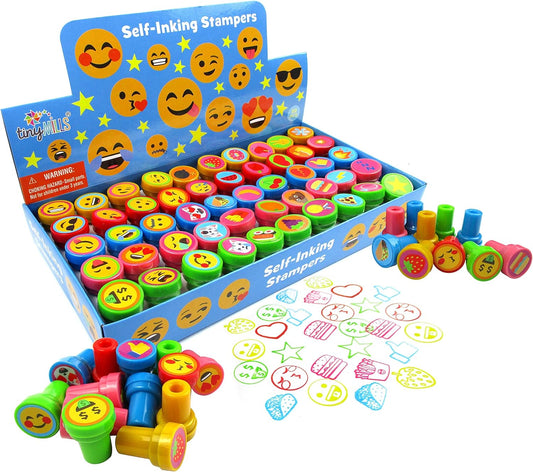 TINYMILLS 50 Pcs Emoticons Stamps for Kids – Self-Inking Emoticons Assorted Stampers (50 Different Designs), Emoji Birthday Party Favors, Piñata Fillers, Game Prizes, Classroom Rewards, Teacher Stamps