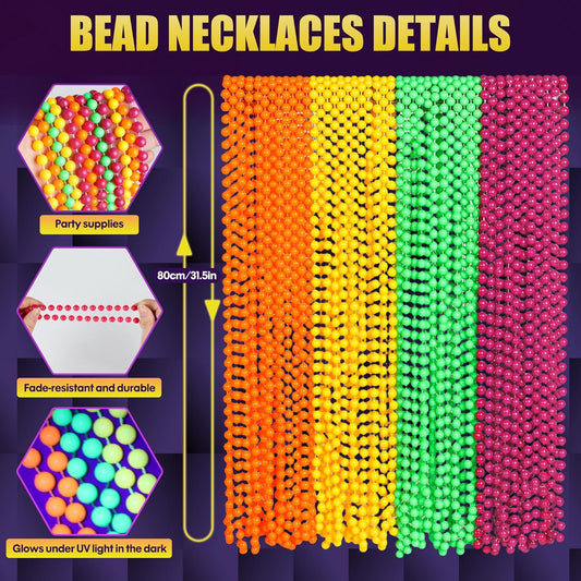 48 Pcs Glow in the Dark UV Neon Bead Necklaces 31.5" Colorful Glow Beaded Necklace Bulk Plastic Mardi Gras Beads Neon Necklace Glow Party Accessories for Decorations Birthday Halloween Carnival