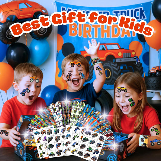 72PCS Monster Truck Party Favors | 48 Pre Cut Temporary Tattoos 24 Slap Bracelets Kids Boys Birthday Party Supplies Classroom Prizes School Rewards