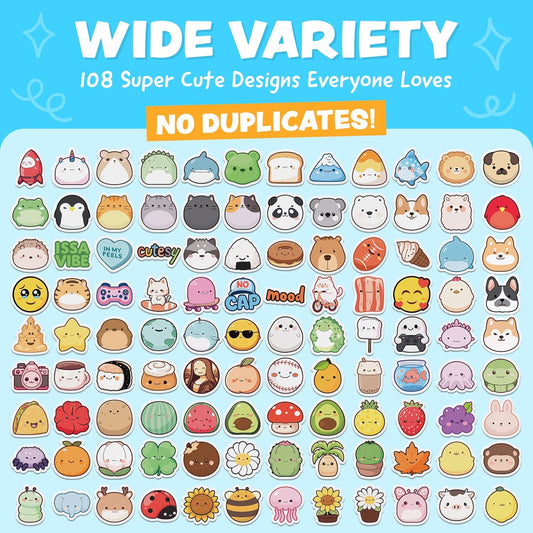 Cute Stickers for Kids - Kawaii Water Bottle Stickers for Teens - 108pc Sticker Pack - Waterproof Vinyl Stickers for Water Bottles, Scrapbook, Laptops, Etc.