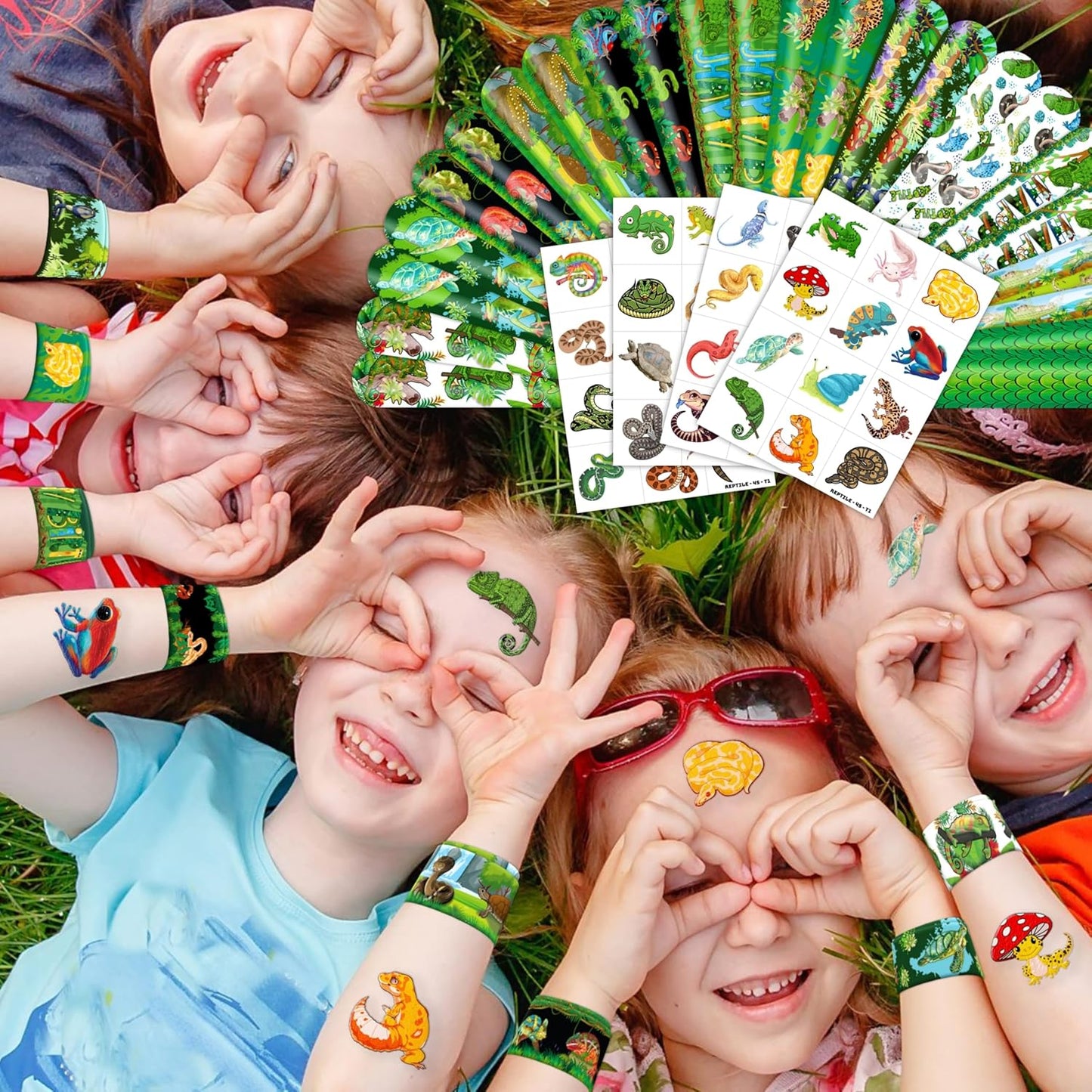 72PCS Reptile Party Favors - 48 Pre-cut Tattoos & 24 Slap Bracelets, Alligator, Lizard, Gecko, Snake Patterns - Perfect for Reptile-Themed Birthdays, Classroom Prizes, and Party Supplies for Boys