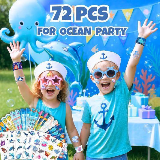 72 PCS Ocean Party Favors - 48 Temporary Pre-Cut Tattoos & 24 Slap Bracelets - Party Favors for Boys & Girls, Birthday Goodie Bag Fillers, Baby Shower Gifts, Classroom Rewards