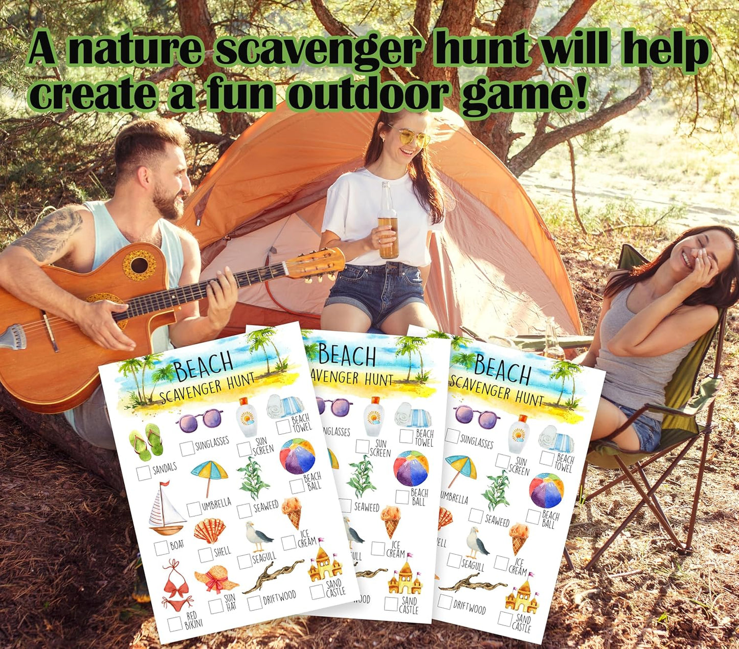 25 Pcs Beach Scavenger Hunt Cards, Outdoor Scavenger Hunts, Camping Scavenger Hunt Game Set, Outdoor Travel Seek Activity, Summer Holiday Party Games for Family Friend, A05