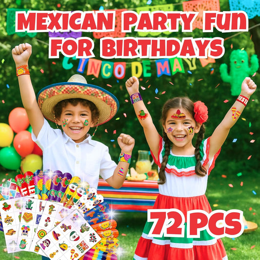 Cherisnowy 72PCS Cinco de Mayo Party Favor Set - 48PCS Temporary Pre-cut Tattoos & 24PCS Slap Bracelets - Mexican Fiesta Birthday Supplies, Baby Shower Gifts, Classroom Rewards & Party Decor for Kids