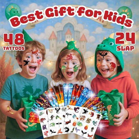 72PCS Dragon Party Favors Set | 48PCS Temporary Pre-cut Tattoos & 24PCS Slap Bracelets Fun Fantasy Themed Birthday Supplies, Baby Shower Gifts, Classroom Rewards & Party Decor for Kids (Boys & Girls)