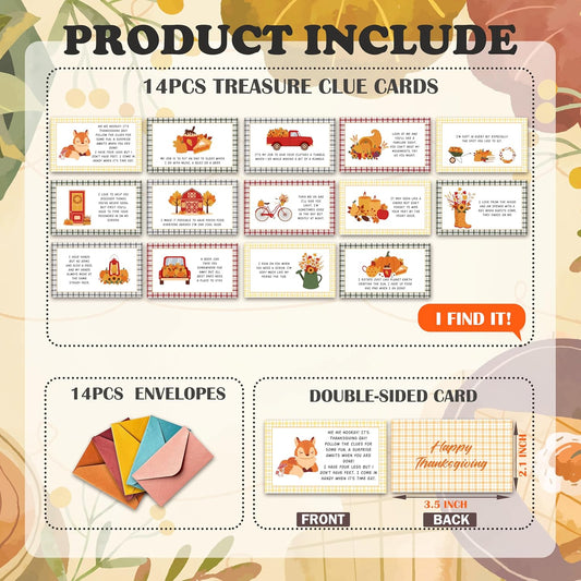 Autumn Treasure Hunt Clue Game, Thanksgiving Games Scavenger Hunt Cards, Indoor Outdoor Pumpkin Party Favors Thanksgiving Party Supplies, 14 Cards with Colorful Envelopes, 03