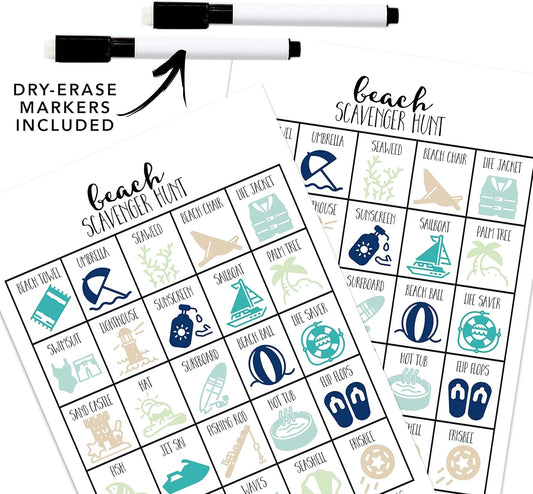 Beach Scavenger Hunt Games for Kids, Outdoor or Indoor, Birthday Party, Road Trip, Travel Activities, Includes 10 Dry Erase Markers and Cards, Family Game Night