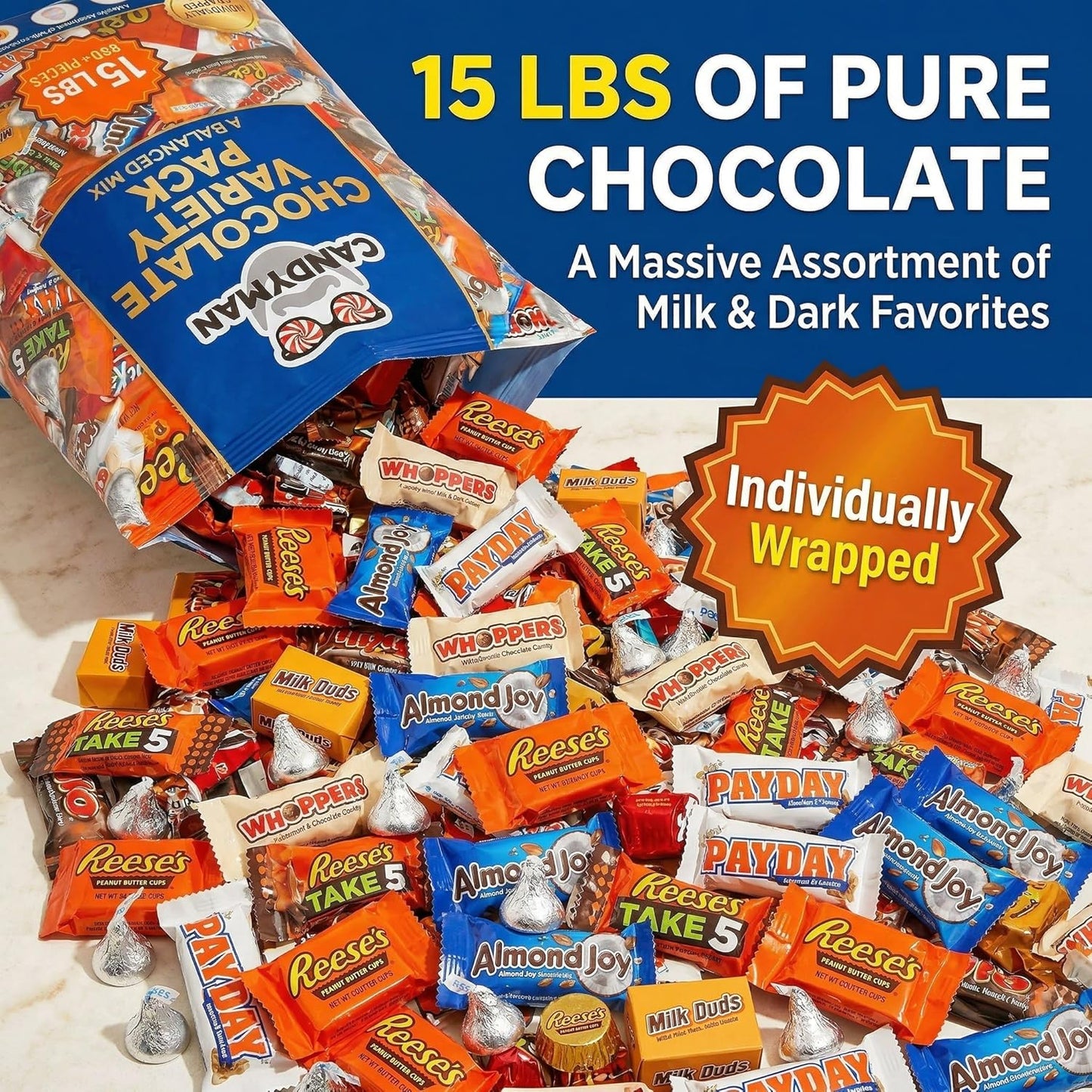 CANDYMAN 4 lb Assorted Chocolate Candy Variety Pack, Bulk Chocolate Individually Wrapped, Candy & Holiday Treats, Father's Day, Ship with Ice