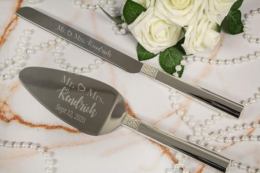 Waterford Personalized Lismore Diamond Silver Wedding Cake Knife and Server Set, Custom Engraved Wedding Cake Cutting Set, Accessories and Gifts for the Bride and Groom