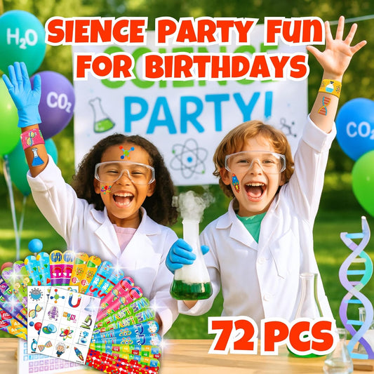 48PCS Science Party Favors - 24PCS Temporary Pre - Cut Tattoos & 24PCS Slap Bracelets - Fun STEM-Themed Birthday Supplies, Baby Shower Gifts, Classroom Rewards & Party Decor for Kids (Boys & Girls)