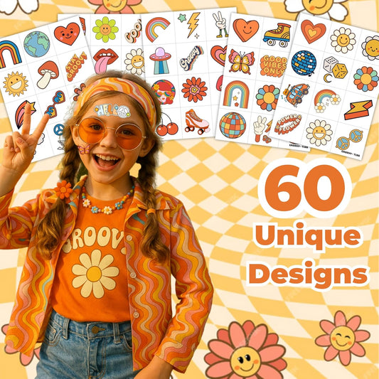 60PCS Groovy Temporary Tattoos for Kids | Pre-Cut Cute Retro Hippie Fake Tattoos, Birthday Party Favors, Classroom Rewards, Party Supplies for Boys & Girls