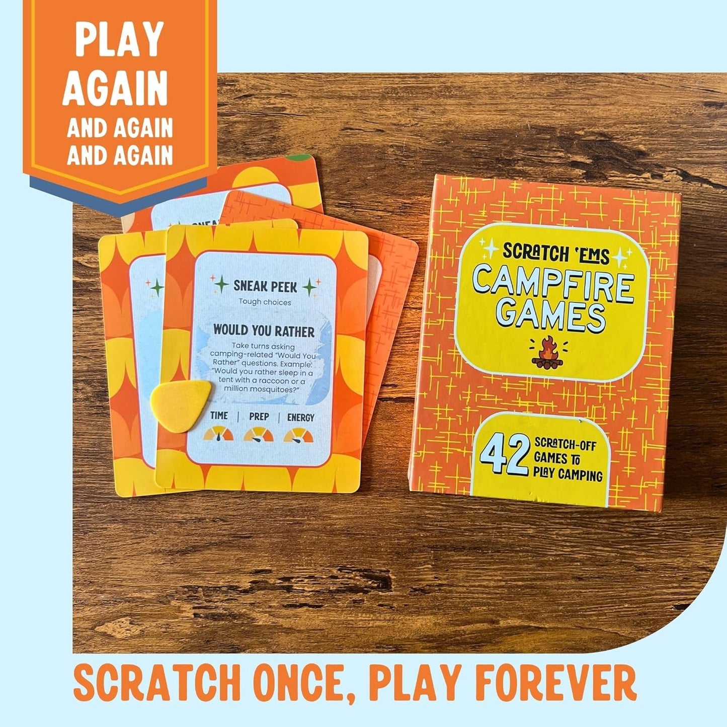 Scratch 'Ems Campfire Games | 42 Scratch Off Cards for Outdoor Summer Fun | Camping Card Games for Kids & Family | Screen-Free Entertainment, Perfect Camping Gifts for Kids & Family