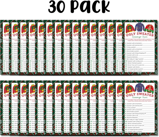 Ugly Christmas Sweater Party Scavenger Hunt Game | 30 pk 5.5 x 8.5” Holiday Party Decorations Adult Cake Topper Invitation Retro Funny