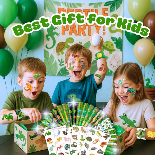 72PCS Reptile Party Favors - 48 Pre-cut Tattoos & 24 Slap Bracelets, Alligator, Lizard, Gecko, Snake Patterns - Perfect for Reptile-Themed Birthdays, Classroom Prizes, and Party Supplies for Boys