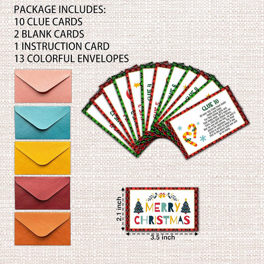 Christmas Party Games - Christmas Scavenger Treasure Hunt Clues Cards, Xmas Game Cards, Christmas Eve/Happy New Year Party Supplies Decorations(13 Cards With Colourful Envelopes)