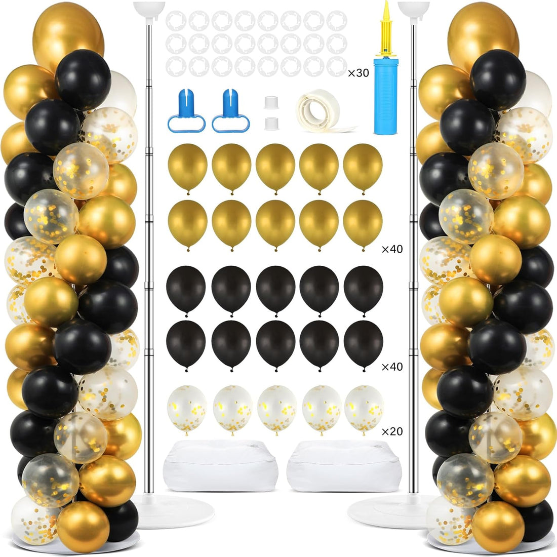2 Set Black and Gold Balloons Column Stand Kit with 100 Balloons Adjustable Balloon Stand with Bases for Floor Black Gold Con