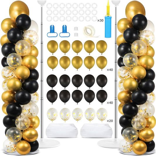 2 Set Black and Gold Balloons Column Stand Kit with 100 Balloons Adjustable Balloon Stand with Bases for Floor Black Gold Con