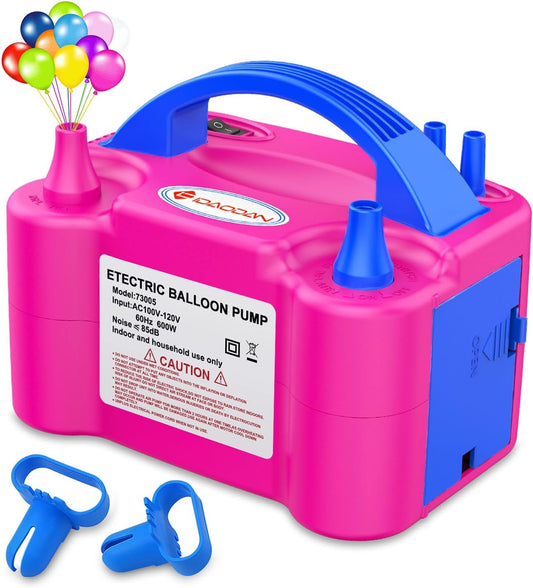 IDAODAN Electric Balloon Pump, Portable Electric Balloon Blower Machine Balloon Air Pump Dual Nozzle Rose Red 110V 600W Ballo