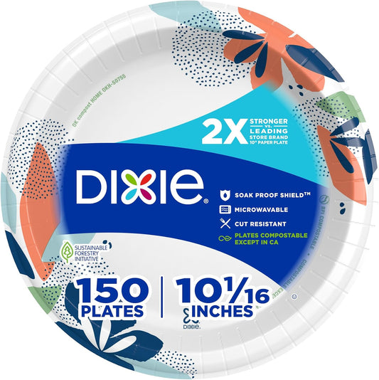 Dixie Large Paper Plates, 10 Inch, 150 Count, 2X Stronger*, Microwave-Safe, Soak-Proof, Cut Resistant, Disposable Plates For 