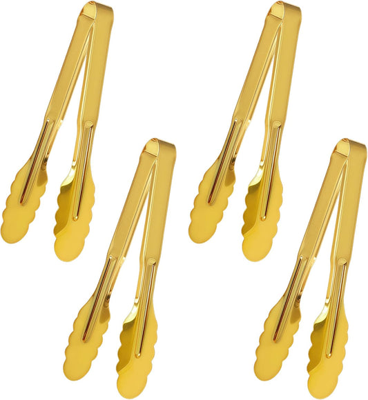 4 Pack Stainless Steel Serving Tongs, 9 Inch Gold Salad Tongs Serving Utensils Buffet Tongs Gold Plated Heavy Duty Reusable M