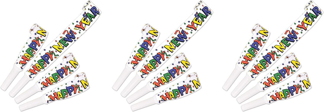 Beistle Happy New Year Blowouts – 12 Pack, Colorful Printed Party Horns, Classic Noisemakers for New Year’s Eve Parties, Midn