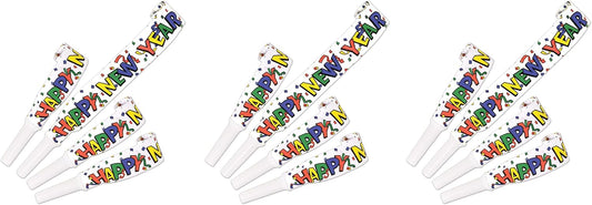 Beistle Happy New Year Blowouts – 12 Pack, Colorful Printed Party Horns, Classic Noisemakers for New Year’s Eve Parties, Midn