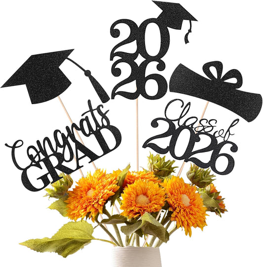 Graduation Decorations 2026, 20 PCS Sparkling Black Double-Sided Centerpiece Sticks for Tables, Class of 2026 Table Toppers a