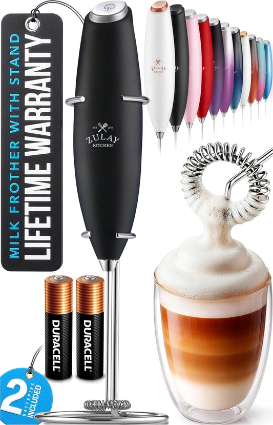 Zulay Kitchen Powerful Milk Frother Wand With Duracell Batteries - Ultra Fast Handheld Drink Mixer - Electric Whisk Foam Make