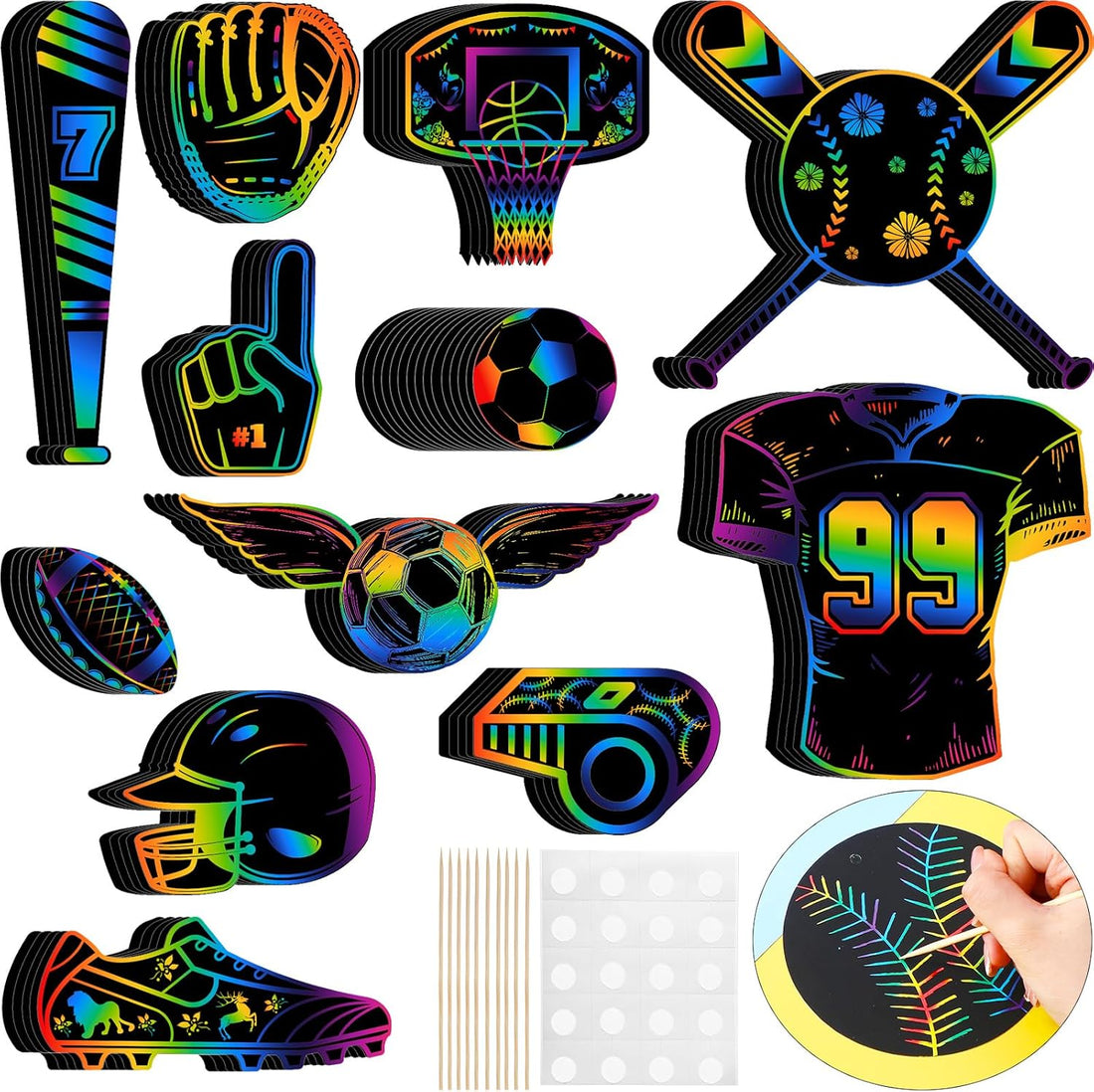 Qilery 70 Pcs Sports Scratch Off Papers Crafts Sets with Wooden Stylus and Ribbons Sports Ball Rainbow Paper Scratch Pad for 