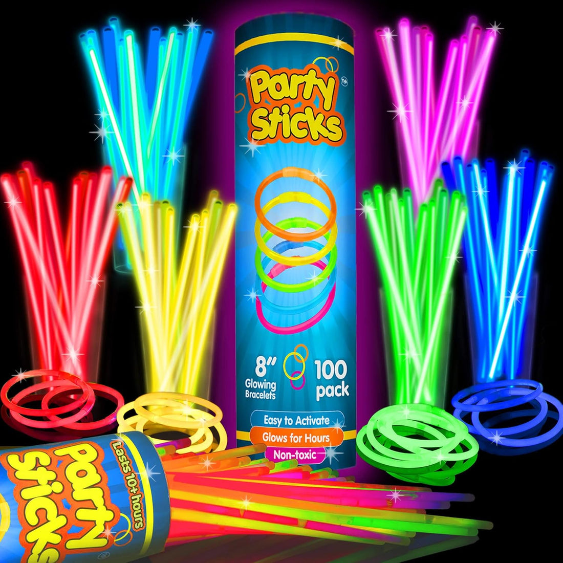 PartySticks Glow Sticks Party Supplies 100pk - 8 Inch Glow in the Dark Light Up Sticks Party Favors, Glow Party Decorations, 