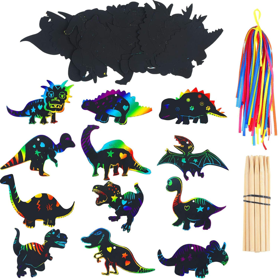Outus 120pcs Scratch Dinosaur Craft Art Kits for Kids with 48 Scratch Dinosaur Paper24 Wooden Styluses and 48 Ribbons for The