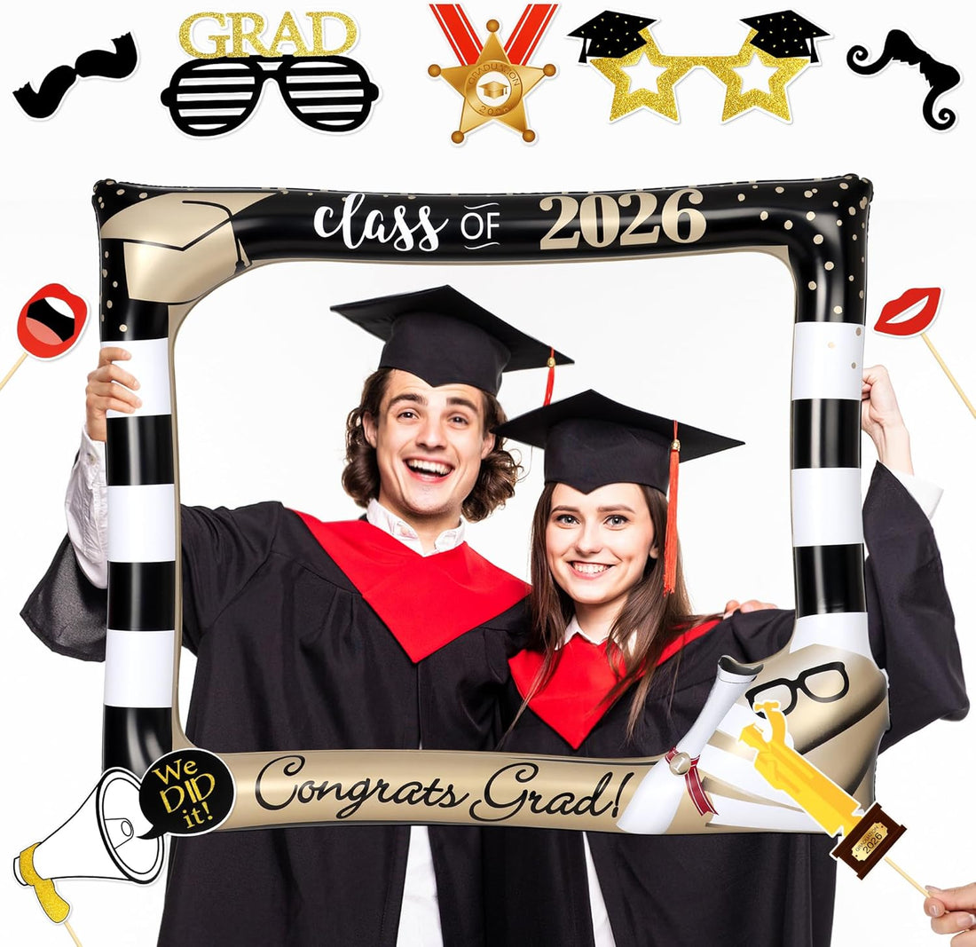 POPGIFTU Class of 2026 Graduation Photo Booth Frame, Inflatable Selfie Frame 31" x 24", Black Gold Congrats Grad Photo Booth 