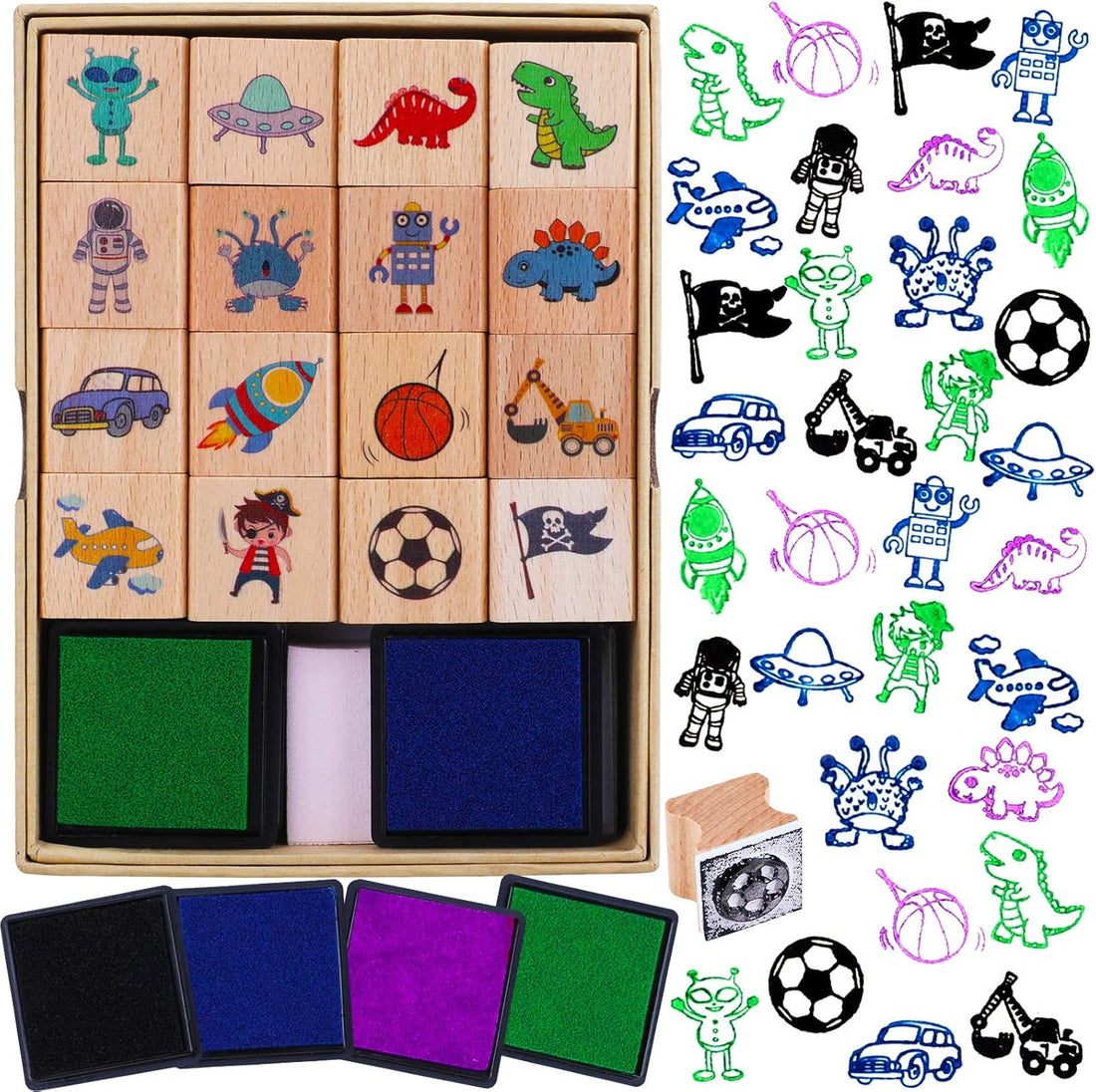 HOWAF 16pcs Wooden Stamps for Kids Girls Crafts with Ink Pad 4pcs, Stamp Unicorn Mermaid Princess Heart Butterfly Stamps for 