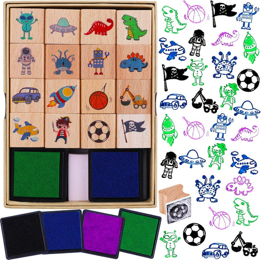 HOWAF 16pcs Wooden Stamps for Kids Girls Crafts with Ink Pad 4pcs, Stamp Unicorn Mermaid Princess Heart Butterfly Stamps for 