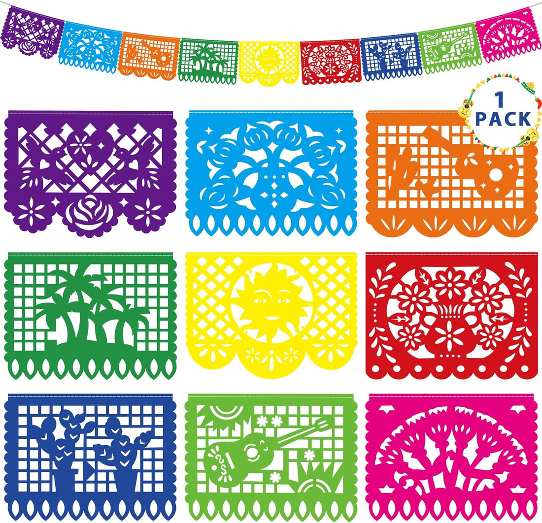 18 FT Cinco De Mayo Party Decorations, 1 Pack Fiesta Banner with 9 Plastic Papel Picado, Colorful Mexican Theme Party Flag Ba
