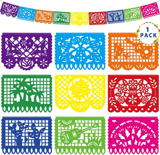 18 FT Cinco De Mayo Party Decorations, 1 Pack Fiesta Banner with 9 Plastic Papel Picado, Colorful Mexican Theme Party Flag Ba