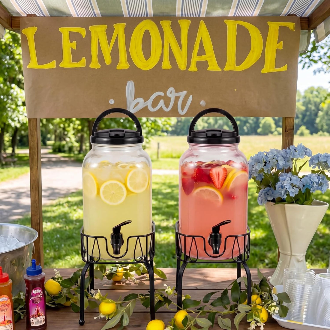 Tanlade 2 Pcs Plastic Drink Dispenser with Stand Beverage Dispenser with Sturdy Metal Base Juice Jar for Parties Lemonade Jar